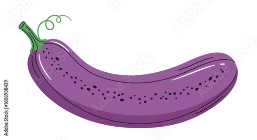 A long curved purple vegetable with a green stem and curly tendril