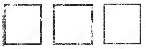Set of grunge distressed photo frame borders. Collection of four rectangular grunge style photo frame borders with rough texture. Retro posters, comics, pop art graffiti layout effects.

