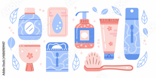 Collection of flat design personal care and beauty products with floral and leaf motifs