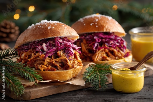 Two pulled pork sandwiches with coleslaw on buns garnished with pine sprigs and jars of mustard
