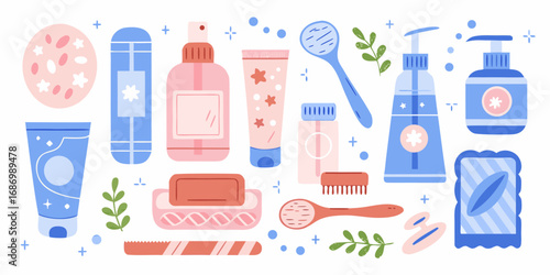 Collection of cute and colorful skincare and beauty products for personal care routines