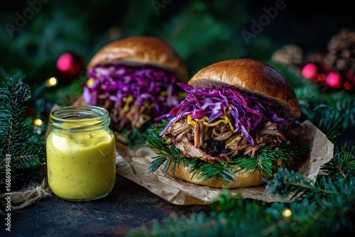 Two pulled pork sandwiches topped with red cabbage and mustard sauce with festive greenery and bokeh lights
