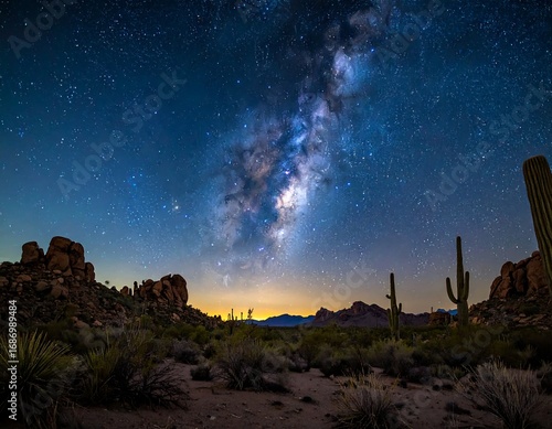 Desert night sky, Milky Way, cacti
