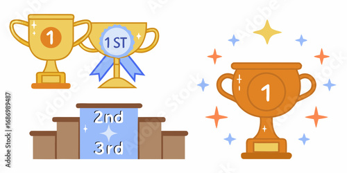 Collection of cartoon trophies and a winners podium representing first second and third place achievements