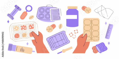 Collection of medical supplies and pills arranged in a flat design style with pastel colors