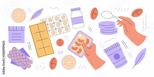 Flat design illustration of various medicines and healthcare items including pills and supplements