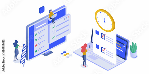Modern isometric illustration of people completing tasks on digital devices and a clock symbolizing time management