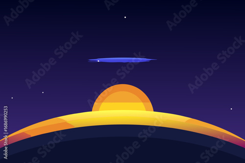 Minimalist alien spaceship flies over a glowing alien planet sunrise