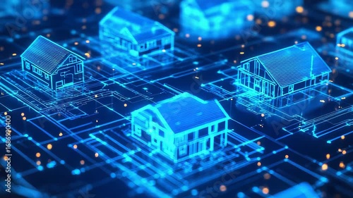 Futuristic smart homes emerging from blueprint circuitry