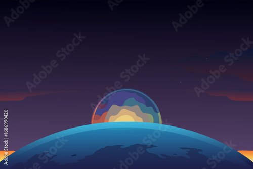 Surreal cosmic landscape with colorful celestial body