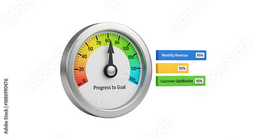 3D KPI chart with circular gauge, isolated on white background