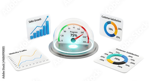 3D KPI dashboard with glowing gauge, isolated on white background