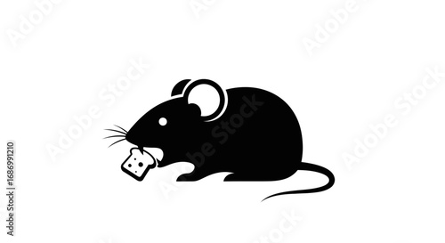 Black silhouette icon of a small mouse eating cheese.