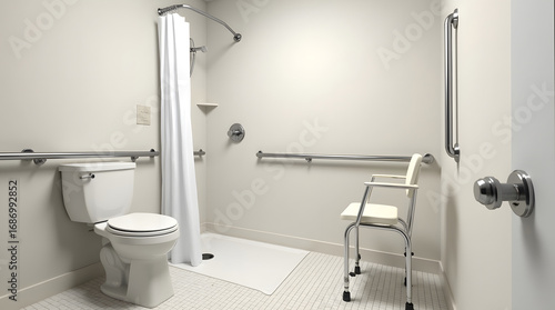 Accessible bathroom with grab bars, shower chair, and other safety features. Designed for elderly or disabled individuals.