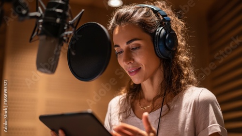 Woman Recording Voiceover in Studio for Animation Project