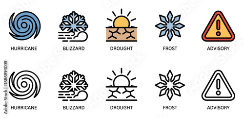 weather advisories icon set with hurricane, blizzard, drought, frost and warning signs, vector symbols for severe climate events
