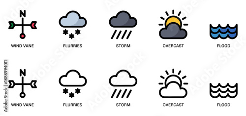 natural phenomena icon set with wind vane, flurries, storm, overcast and flood symbols, vector illustrations for weather conditions