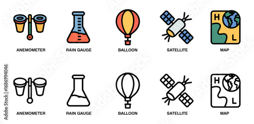 weather measurement tools icon set with anemometer, rain gauge, satellite and map, vector symbols for meteorology and forecasting
