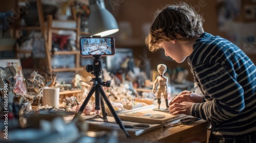 Young Person Recording Stop Motion Animation in Creative Workspace