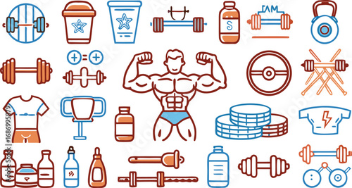 Fitness and Bodybuilding Icons Set Keywords: fitness, bodybuilding, gym, workout, exercise