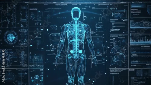 Futuristic interface displaying human body analysis and medical data visualization
