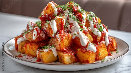 Spanish patatas bravas, golden crispy potatoes drenched in spicy tomato sauce and creamy aioli, served in a vibrant Spanish tapas bar, showcasing the perfect balance of heat and flavor