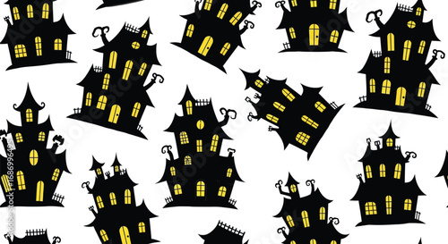 Seamless pattern of spooky haunted houses, perfect for Halloween-themed designs, adding a touch of eerie charm