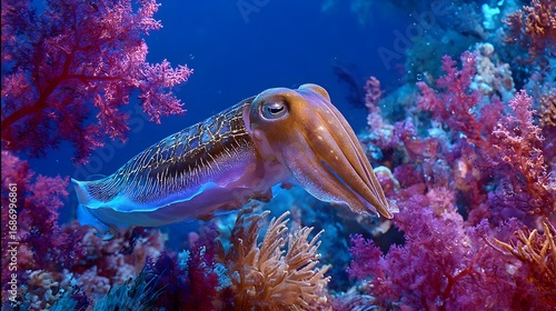 Vivid Underwater Cuttlefish Spectacle: Intricate Color Transitions and Fluid Movements Amidst Rich Coral Ecosystems