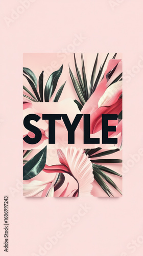 Floral Style Typography Design: A stylish design featuring a vibrant and lively botanical composition, with the word STYLE elegantly integrated amidst a soft background of blossoming flora and fauna.