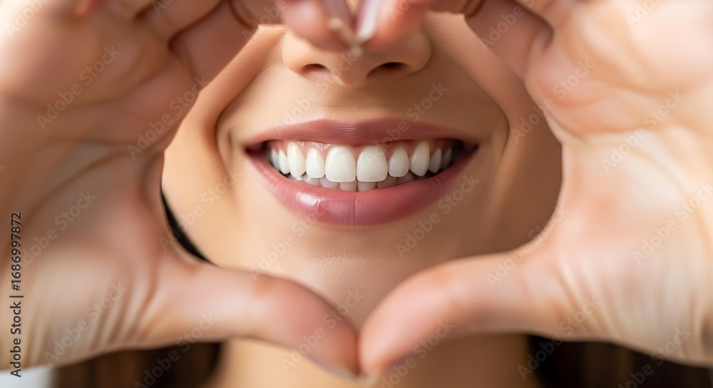 Fototapeta premium Heart-Shaped Hands Framing Radiant Smile - Close-up Portrait of a Woman.
