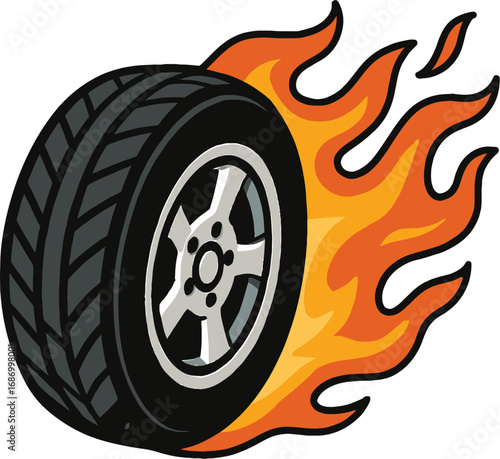 Racing tire with flames black and white vector illustration speed power performance automotive concept design