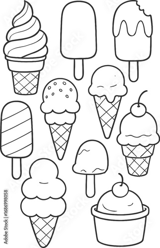 Ice cream and popsicle icon set black and white vector illustration dessert summer treat coloring concept design