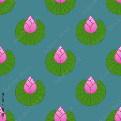 Seamless Lotus Blossom Pattern with Green Lily Pads Floating on Calm Blue Water Surface Illustration Design