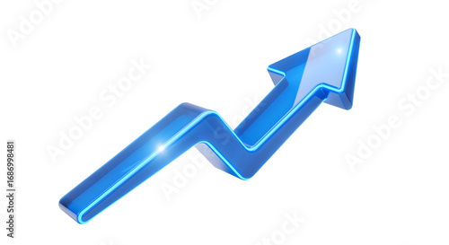 3D revenue arrow in glowing blue, isolated on white background