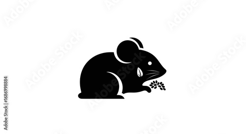 Simple black silhouette of a mouse eating berries.