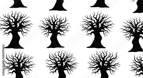 Seamless pattern of bare trees, creating a spooky and eerie atmosphere, perfect for Halloween-themed designs and backgrounds
