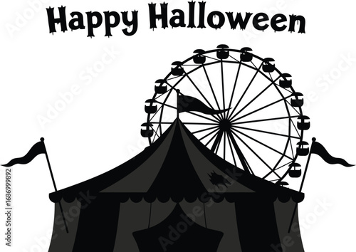 Happy halloween carnival silhouette featuring a circus tent and a ferris wheel in a spooky monochrome theme