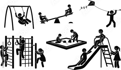 Children playground activities, kids playing outdoors, swing and slide, sandbox fun, climbing frame, kite flying, vector silhouette, black and white illustration