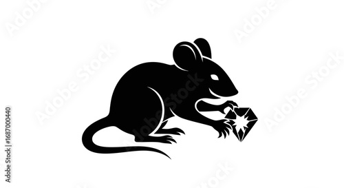 A clever rat silhouette holding a sparkling diamond.