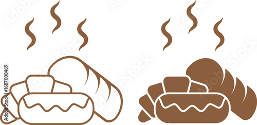Freshly baked goods, including a croissant, baguette, and pastry, in both outline and filled brown monochrome styles, emanating warmth. Ideal for bakery, cafe, or food-related designs.