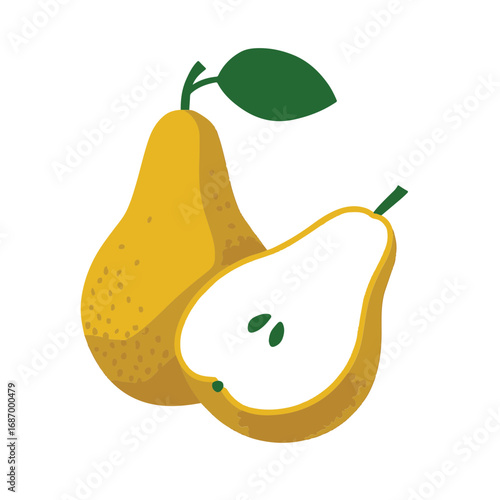 Golden Pear Duo: A meticulously crafted still life showcases the exquisite beauty of a ripe pear, complemented by a halved pear, revealing its succulent interior and vivid essence.