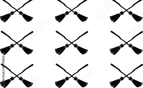 Seamless pattern of crossed witch brooms, perfect for Halloween-themed designs, invitations, or spooky backgrounds, adding a touch of magic