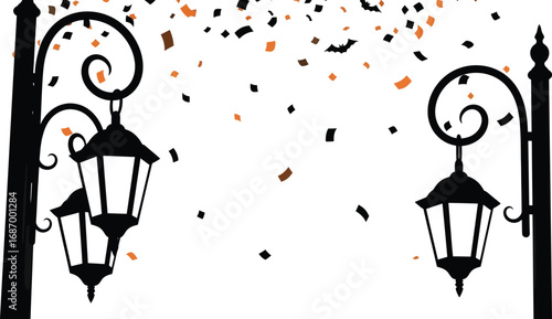 Silhouette of vintage street lamps with falling confetti for halloween or festive celebration concept