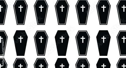 Seamless pattern of black coffins with crosses, creating a spooky and macabre design for halloween or gothic themes