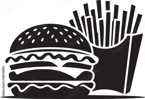 Black and white illustration of a hamburger and french fries