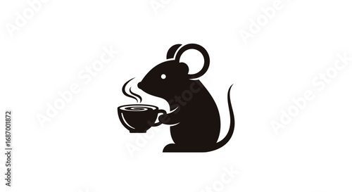 Charming silhouette of a mouse holding a steaming coffee cup.