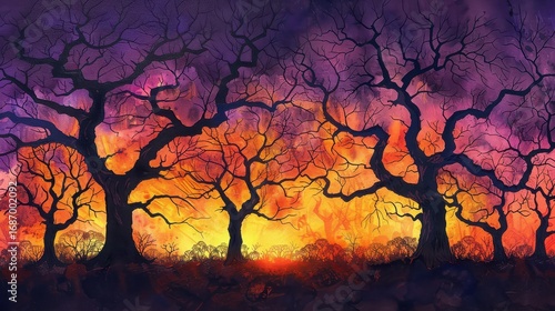 Watercolor painting of a spooky forest with bare trees and a colorful sunset in the background in a dark and mysterious scene