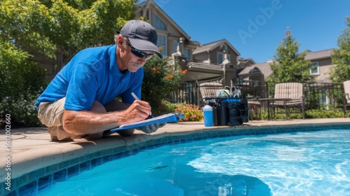 Pool Maintenance Technician Testing Water Quality in Residential Area