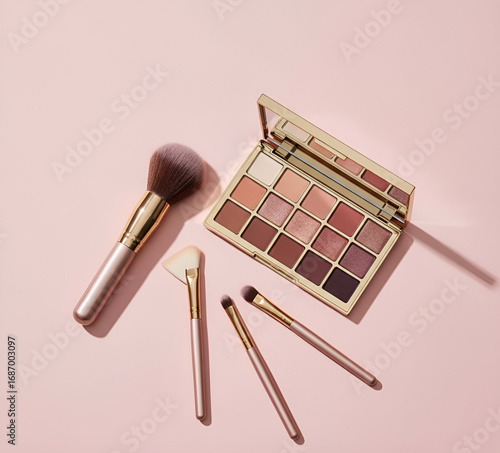 Lipstick, foundation, and brushes are arranged elegantly for a beauty routine. notion of modern vanity, feminine beauty enhancement, personal care, and cosmetics