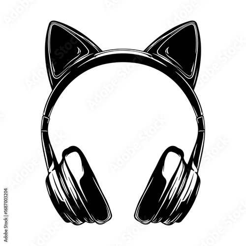 Black headphones with cat ears without background.